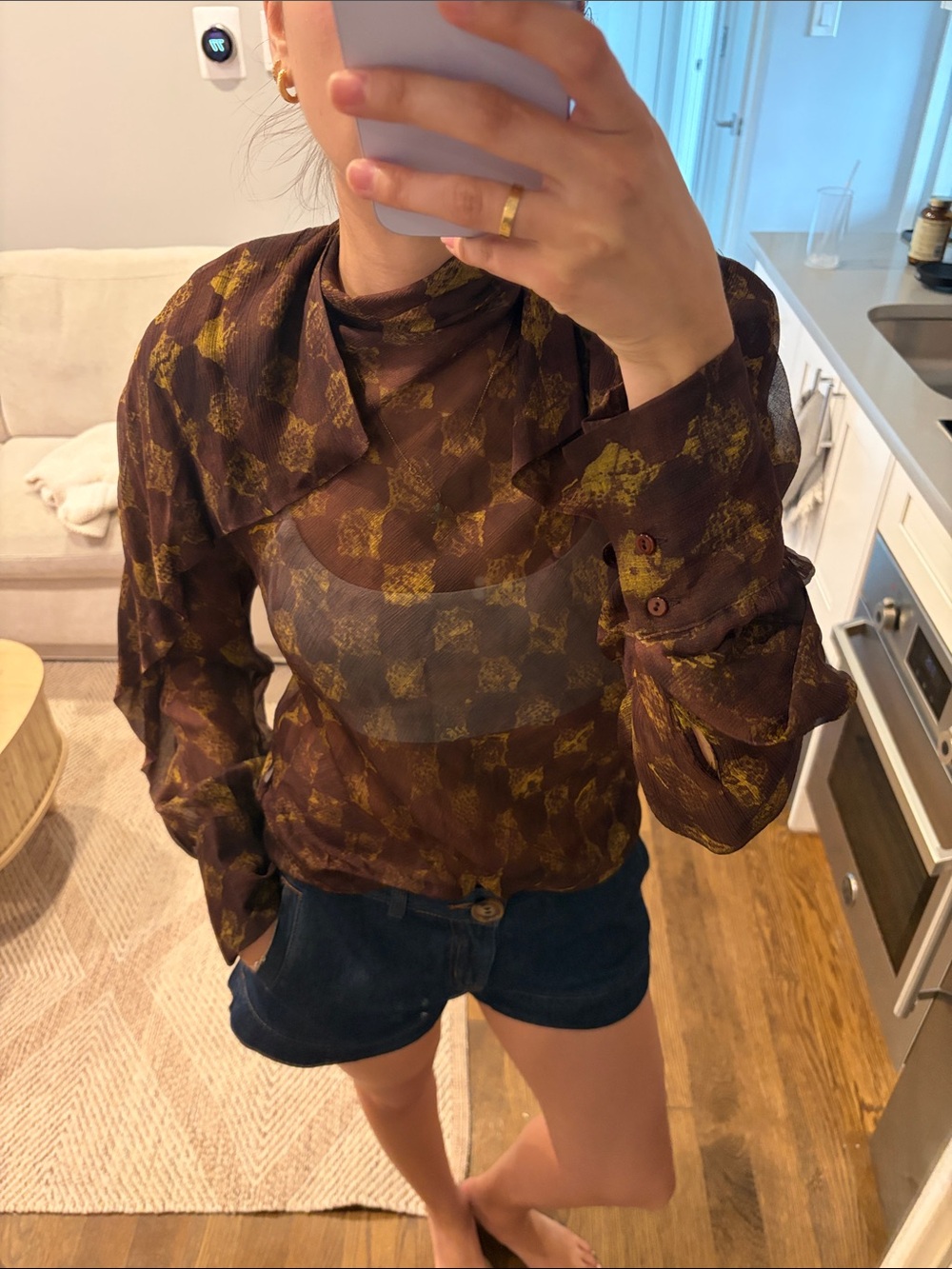 Zara Brown Sheer Floral Print Long-Sleeve Top